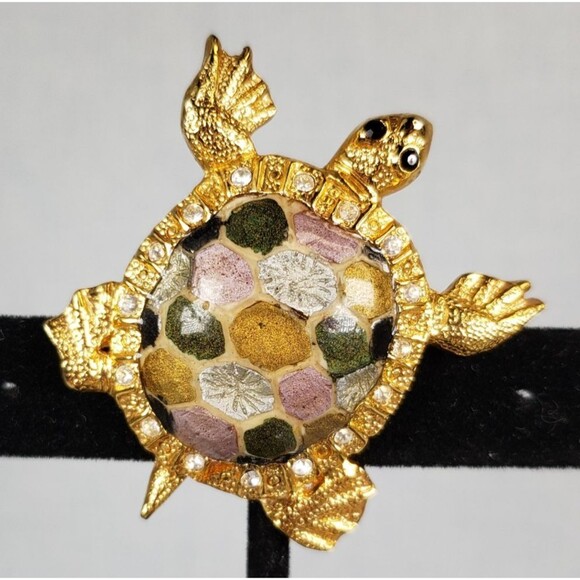 Vintage 1980 St. John Signed Gold Tone  And Rhinestone Elegant Turtle Brooch Pin - Picture 2 of 14